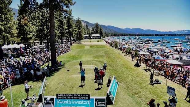 Play at Edgewood Tahoe's par-3 17th hole